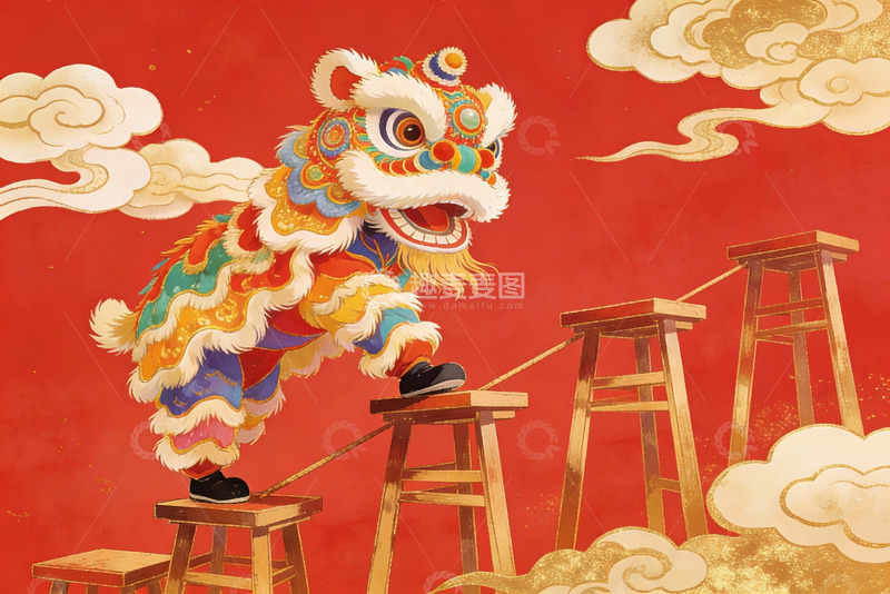 高清大图下载【趣麦麦图】舞狮踩高凳迎新春