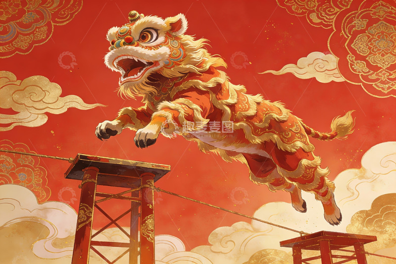 高清大图下载【趣麦麦图】红色背景下的舞狮艺术插画