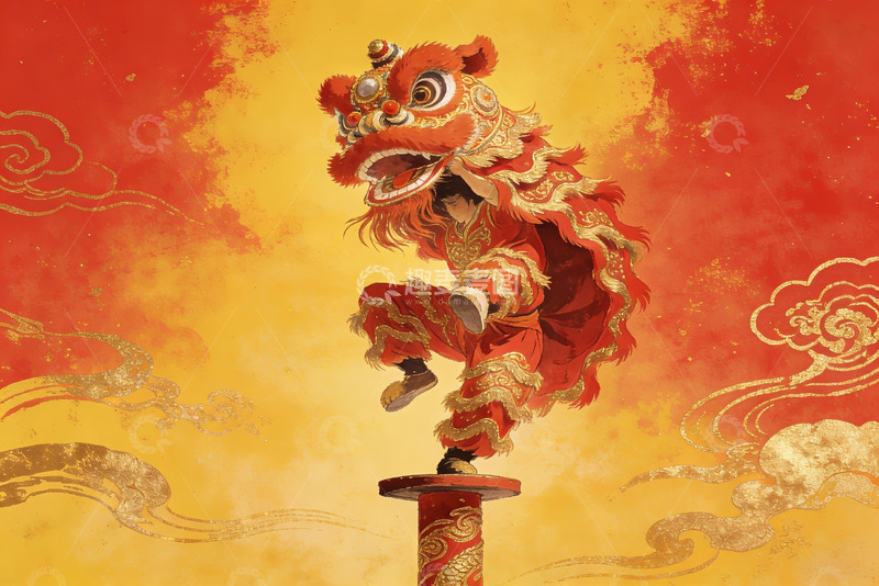 高清大图下载【趣麦麦图】舞狮表演者立柱之上