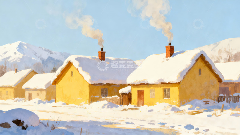 高清大图下载【趣麦麦图】雪后黄色小屋炊烟袅袅