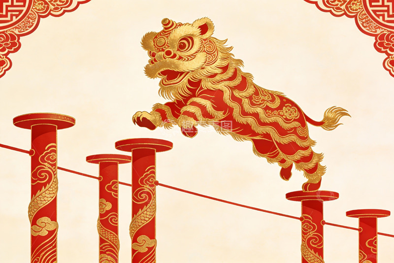 高清大图下载【趣麦麦图】金色舞狮跃柱图