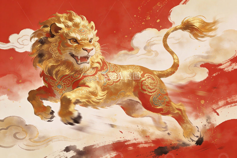高清大图下载【趣麦麦图】金色神兽跃动于祥云之上