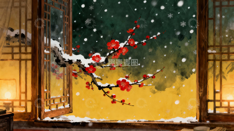 高清大图下载【趣麦麦图】窗前雪梅图
