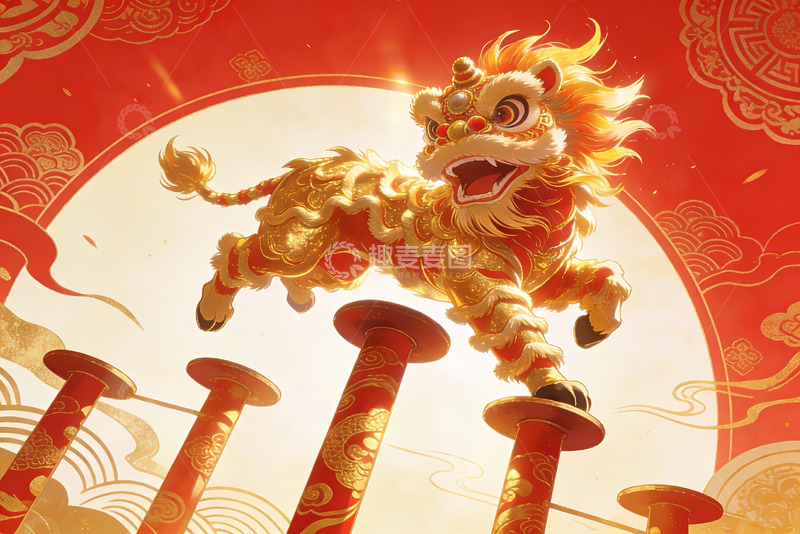 高清大图下载【趣麦麦图】金色舞狮跃于红柱之上