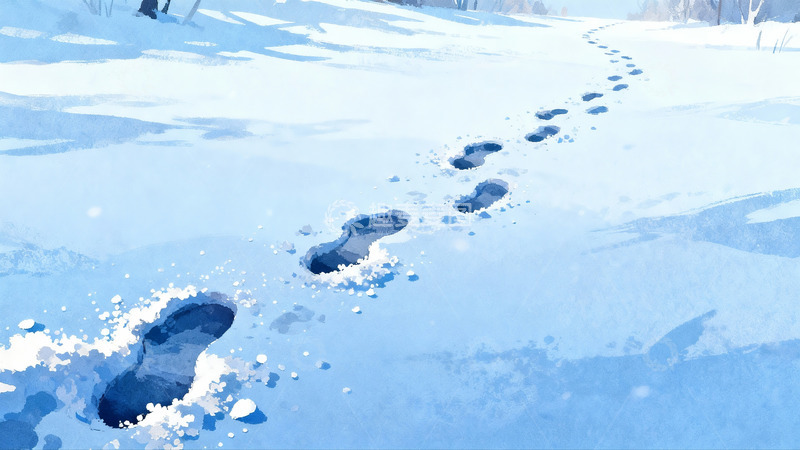 高清大图下载【趣麦麦图】雪地脚印延伸远方