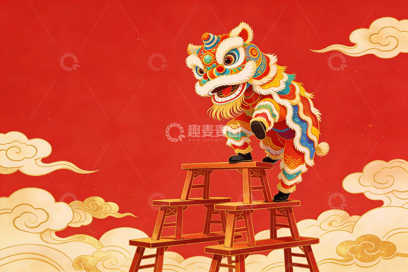 高清大图下载【趣麦麦图】舞狮登高迎新春