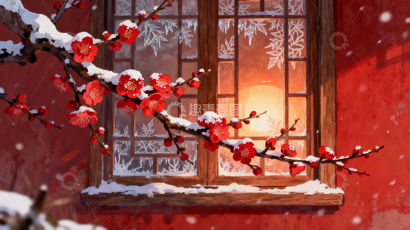 高清大图下载【趣麦麦图】雪中红梅映窗景