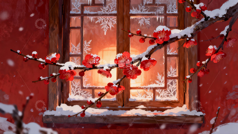 高清大图下载【趣麦麦图】雪中红梅映窗景