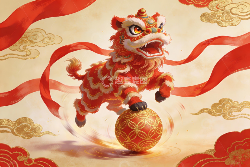 高清大图下载【趣麦麦图】红色舞狮踩球迎新春
