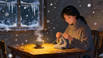 冬日窗边女子编织暖心茶