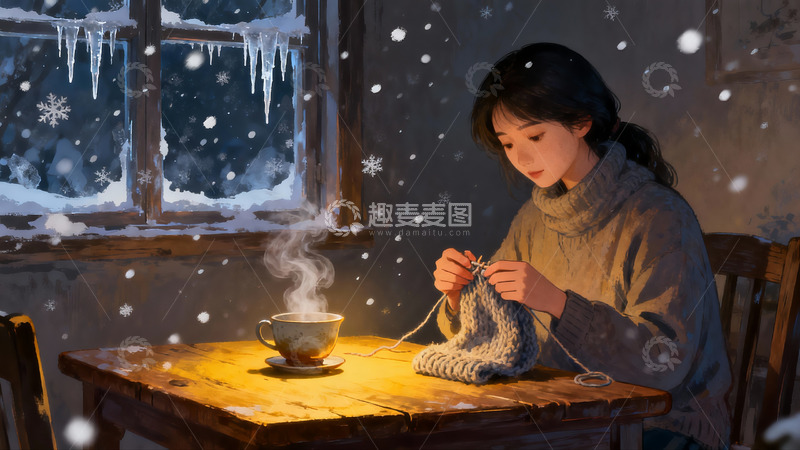 高清大图下载【趣麦麦图】冬日窗边女子编织暖心茶