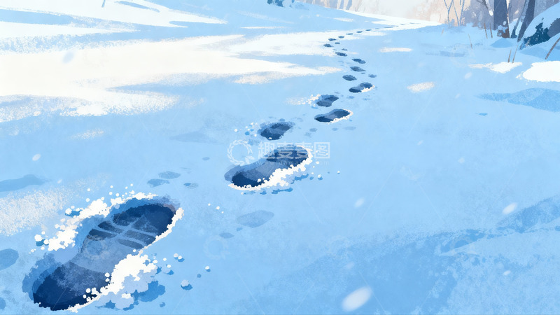 高清大图下载【趣麦麦图】雪地脚印延伸远方