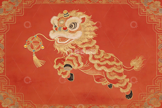 红色背景金色舞狮图