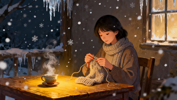 冬夜窗边女子编织暖心场景