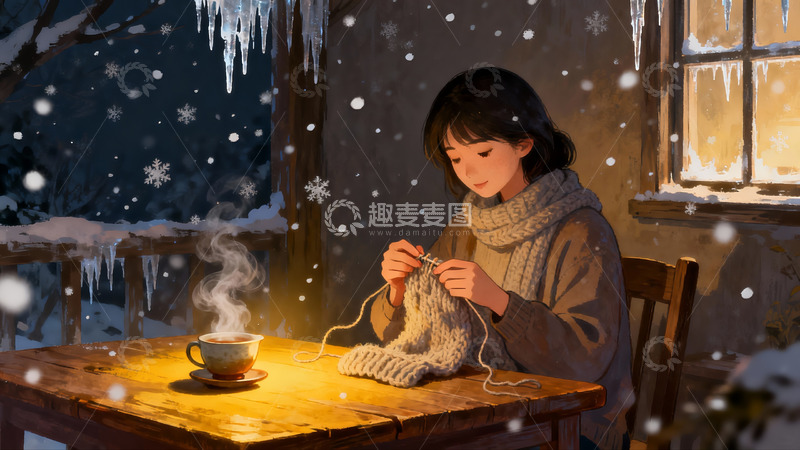高清大图下载【趣麦麦图】冬夜窗边女子编织暖心场景