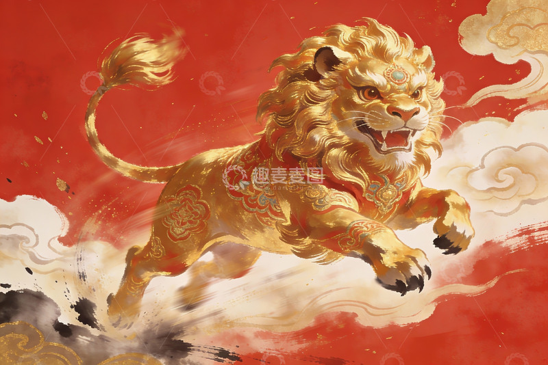 高清大图下载【趣麦麦图】金色神兽跃云图