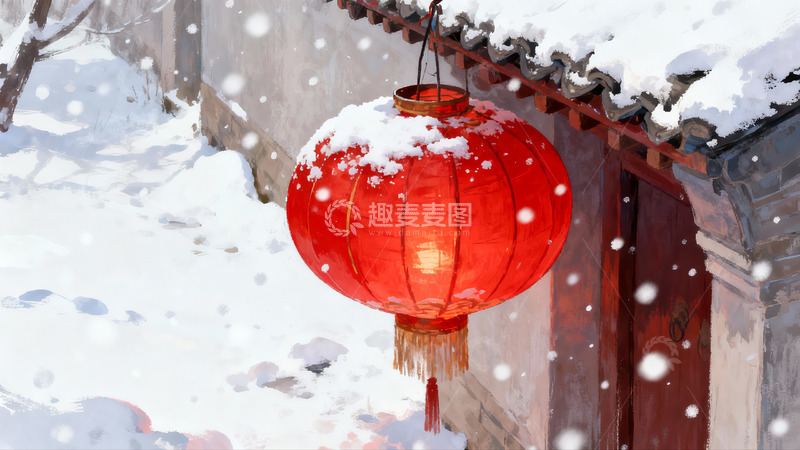 高清大图下载【趣麦麦图】雪中红灯笼映古墙