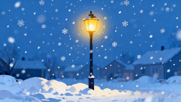 雪夜街灯照亮宁静冬景