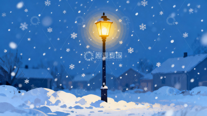 高清大图下载【趣麦麦图】雪夜街灯照亮宁静冬景