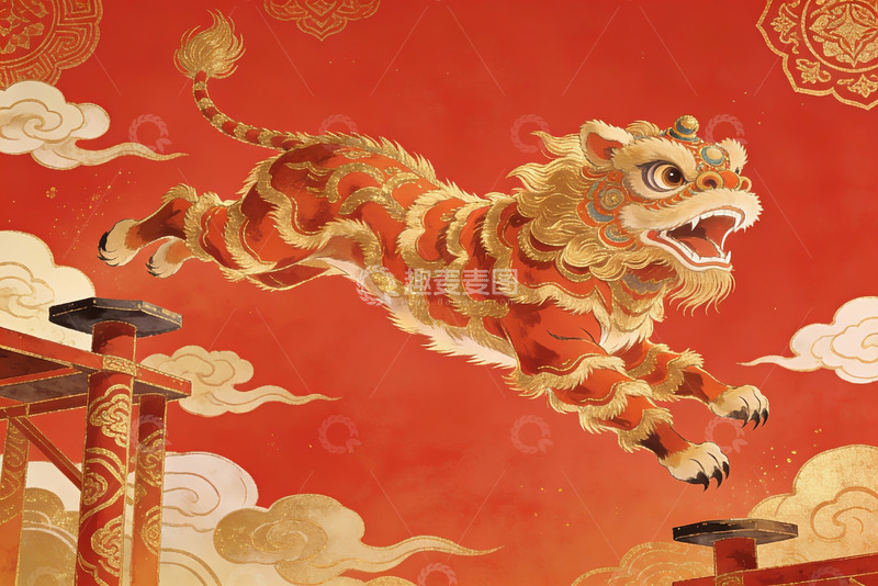 高清大图下载【趣麦麦图】红色背景下的金色舞狮图案