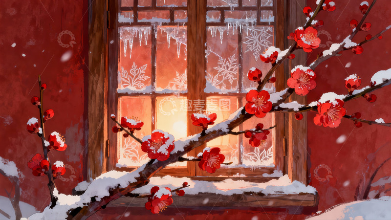 高清大图下载【趣麦麦图】雪中红梅映窗景