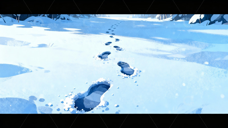 高清大图下载【趣麦麦图】雪地脚印延伸远方