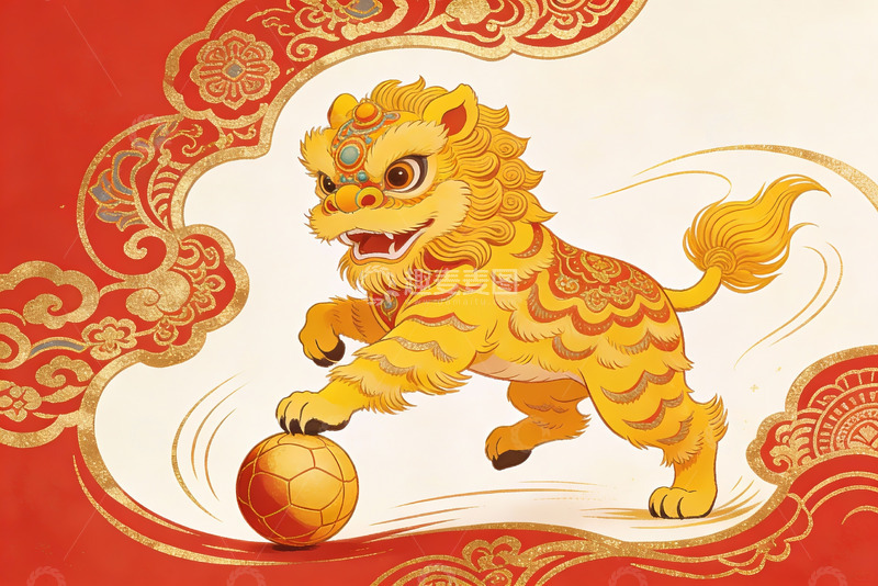 高清大图下载【趣麦麦图】金色舞狮踢球传统艺术图案