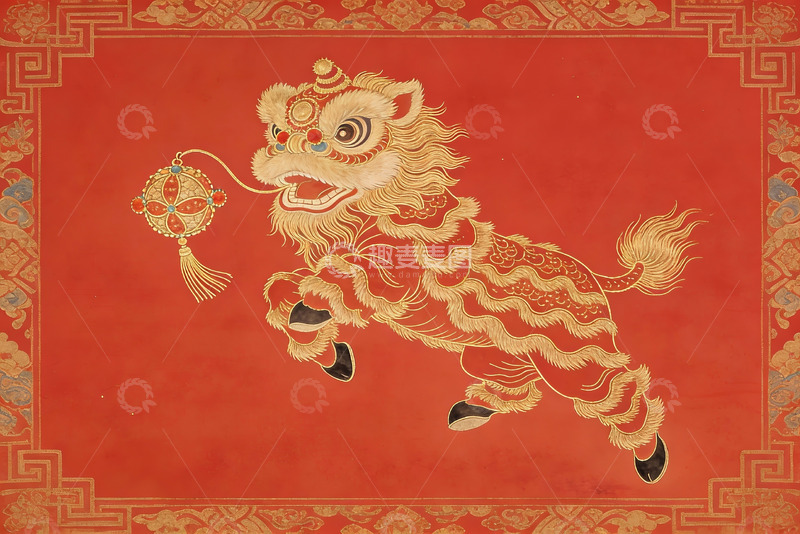 高清大图下载【趣麦麦图】红色背景金色舞狮图案