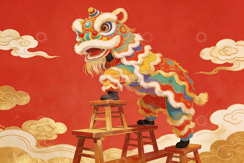 高清大图下载【趣麦麦图】色彩斑斓舞狮登高迎新春
