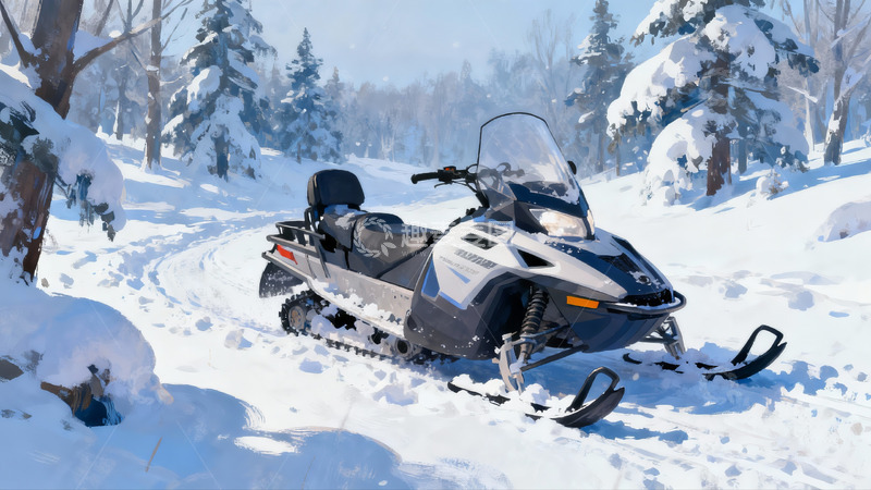 高清大图下载【趣麦麦图】雪地摩托停驻雪林小径