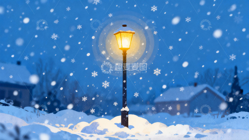 高清大图下载【趣麦麦图】雪夜街灯照亮宁静冬景