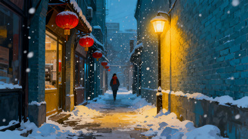雪夜古巷行人灯笼