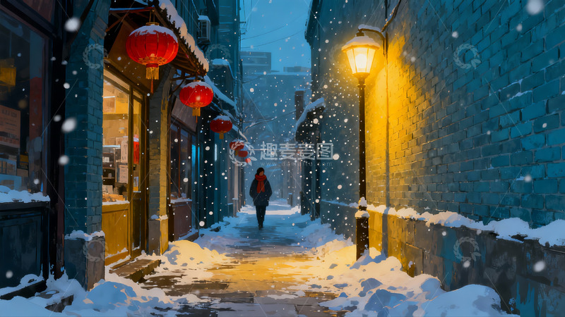 高清大图下载【趣麦麦图】雪夜古巷行人灯笼