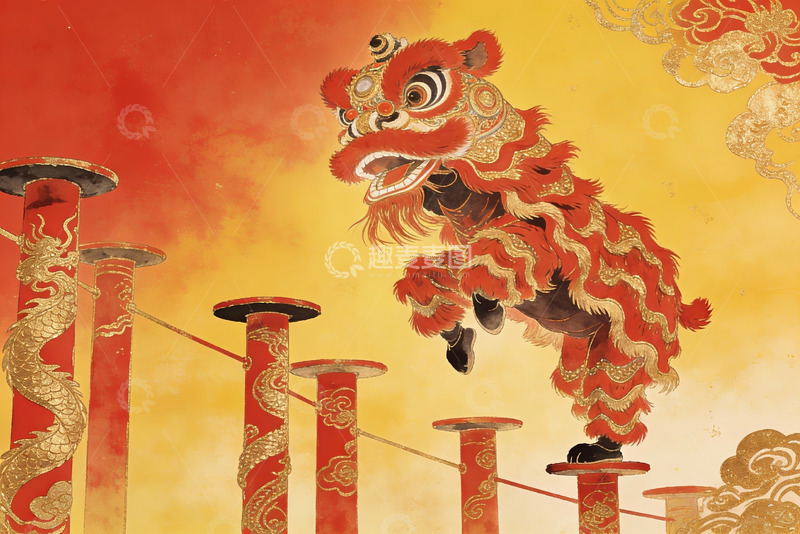 高清大图下载【趣麦麦图】红色舞狮跃立柱间