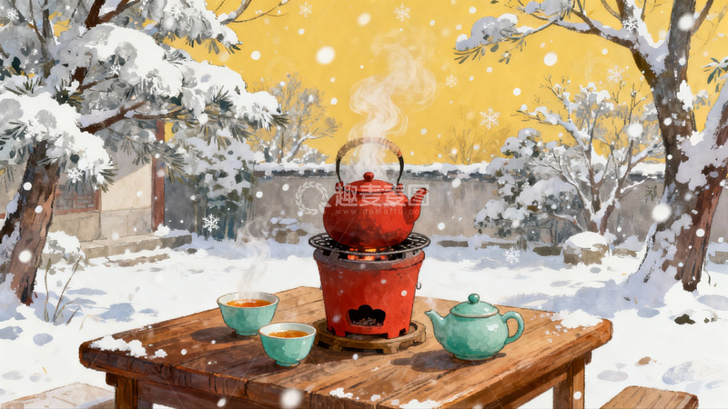 高清大图下载【趣麦麦图】雪景庭院红壶煮茶
