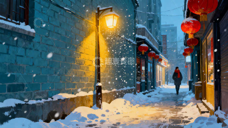高清大图下载【趣麦麦图】雪夜街巷红灯笼行人