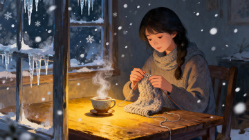 冬日窗边女子编织暖心茶