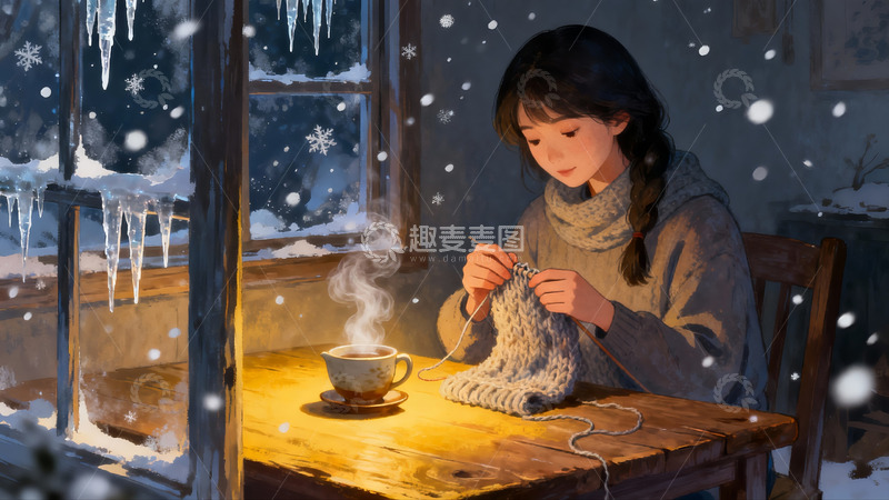 高清大图下载【趣麦麦图】冬日窗边女子编织暖心茶