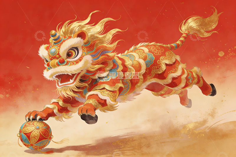高清大图下载【趣麦麦图】舞狮追逐绣球生动画面
