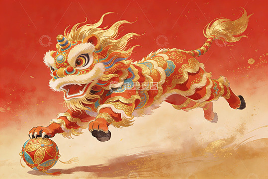 舞狮追逐绣球生动画面