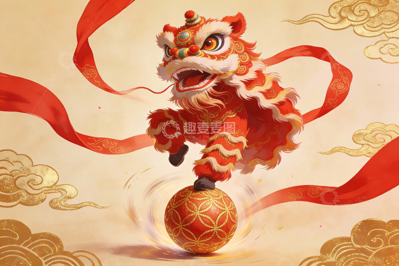 高清大图下载【趣麦麦图】舞狮踩球传统艺术形象