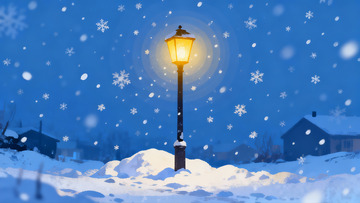 雪夜街灯照亮积雪小路