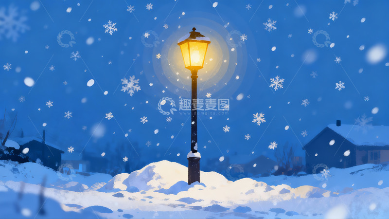 高清大图下载【趣麦麦图】雪夜街灯照亮积雪小路
