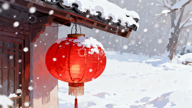 雪中红灯笼古建筑