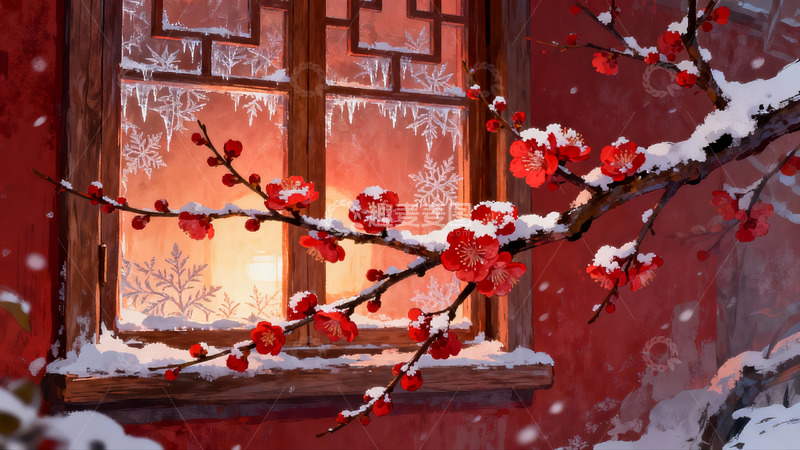 高清大图下载【趣麦麦图】雪中红梅映窗景
