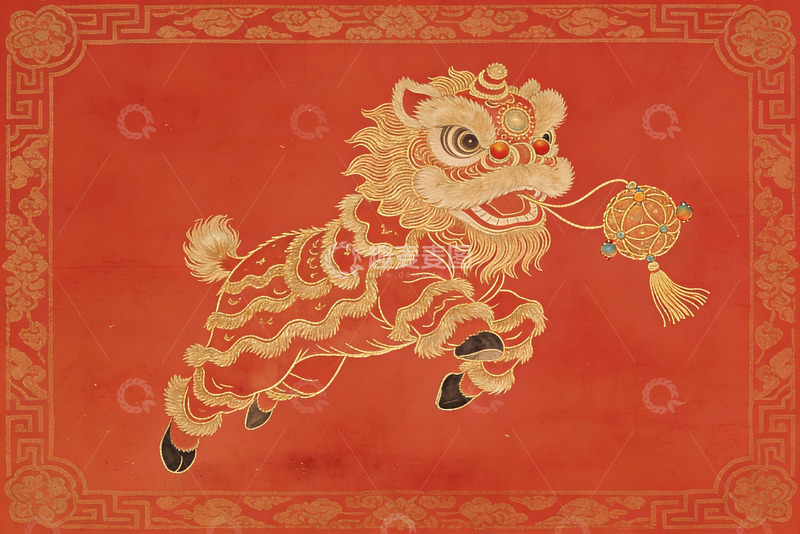 高清大图下载【趣麦麦图】红色背景上的金色舞狮图案