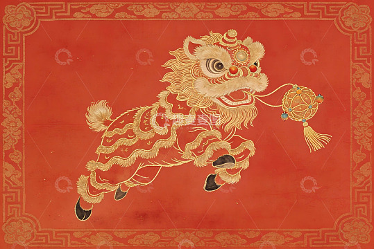 红色背景上的金色舞狮图案