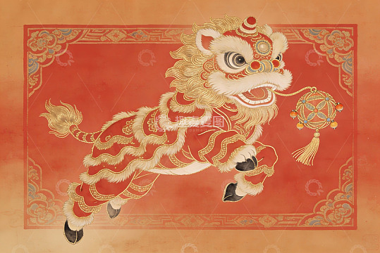 中国传统舞狮艺术画