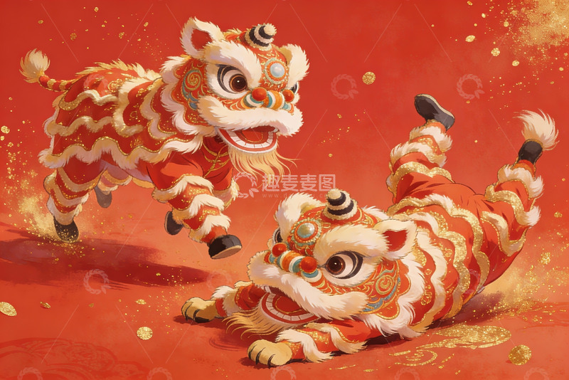高清大图下载【趣麦麦图】红色背景下的舞狮表演