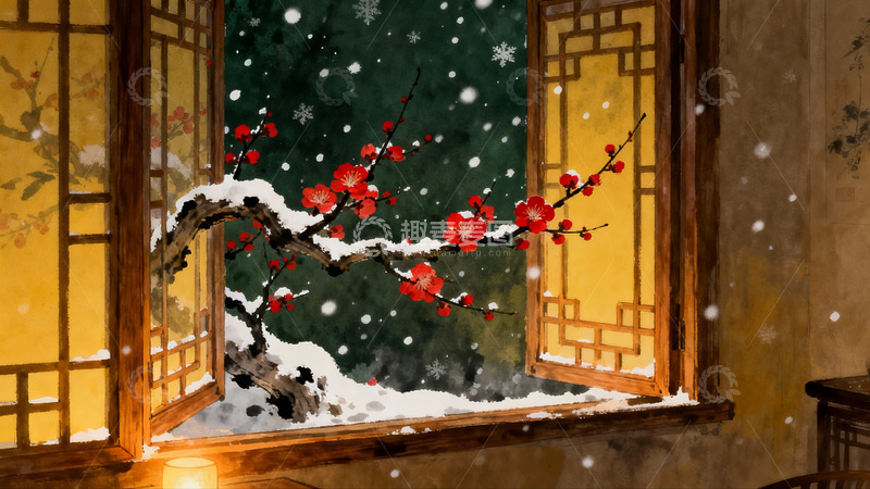 高清大图下载【趣麦麦图】窗前雪梅夜景图